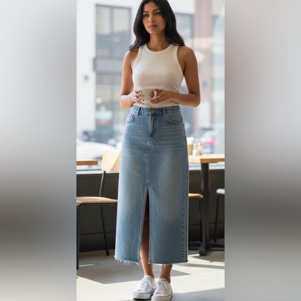 Cider Light Blue Denim Maxi Skirt with Front Slit
